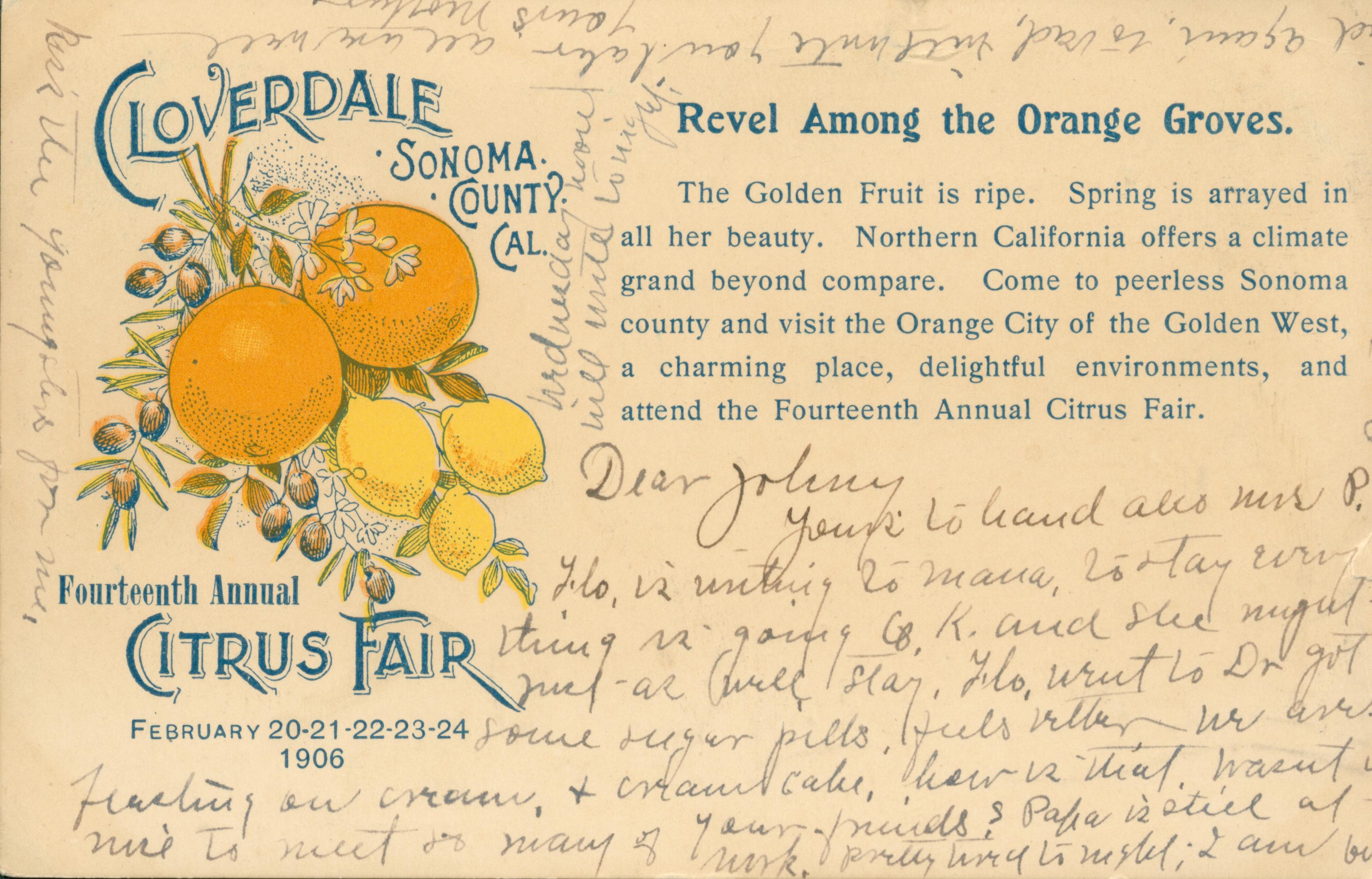 Shows a bunch of oranges and lemons to the left of an advertisement for the citrus fair